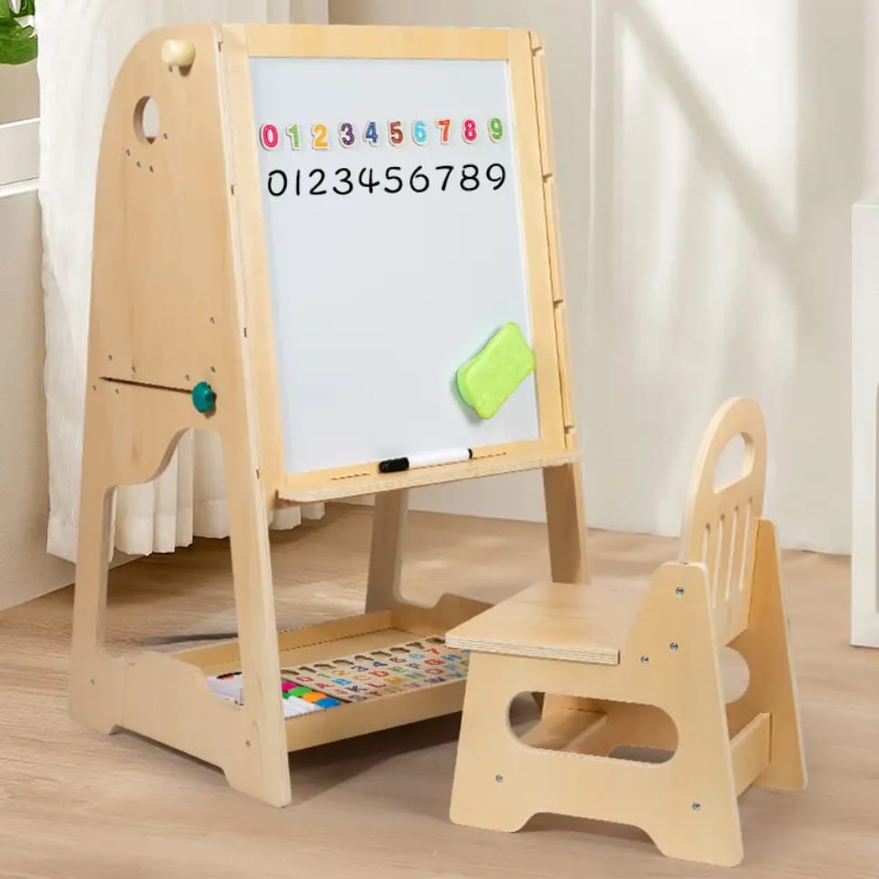 Wooden 3-in-1 Easel & Learning Desk for Kids – Adjustable Height, Double-Sided Board & Storage Shelf