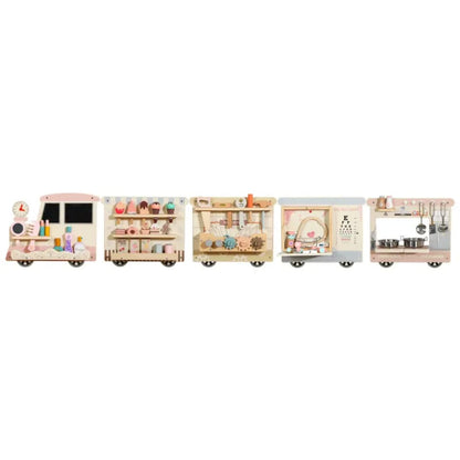 Wooden Pretend Play Wall Panel Train Set – Interactive Role Play Activity for Kids (Ice Cream Shop, Kitchen, Makeup & Tools)