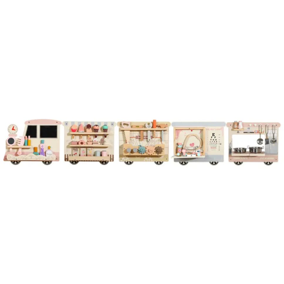 Wooden Pretend Play Wall Panel Train Set – Interactive Role Play Activity for Kids (Ice Cream Shop, Kitchen, Makeup & Tools)
