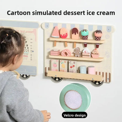 Wooden Pretend Play Wall Panel Train Set – Interactive Role Play Activity for Kids (Ice Cream Shop, Kitchen, Makeup & Tools)