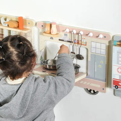 Wooden Pretend Play Wall Panel Train Set – Interactive Role Play Activity for Kids (Ice Cream Shop, Kitchen, Makeup & Tools)