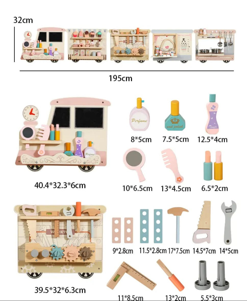 Wooden Pretend Play Wall Panel Train Set – Interactive Role Play Activity for Kids (Ice Cream Shop, Kitchen, Makeup & Tools)