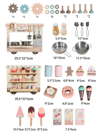 Wooden Pretend Play Wall Panel Train Set – Interactive Role Play Activity for Kids (Ice Cream Shop, Kitchen, Makeup & Tools)