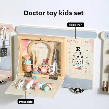 Wooden Pretend Play Wall Panel Train Set – Interactive Role Play Activity for Kids (Ice Cream Shop, Kitchen, Makeup & Tools)