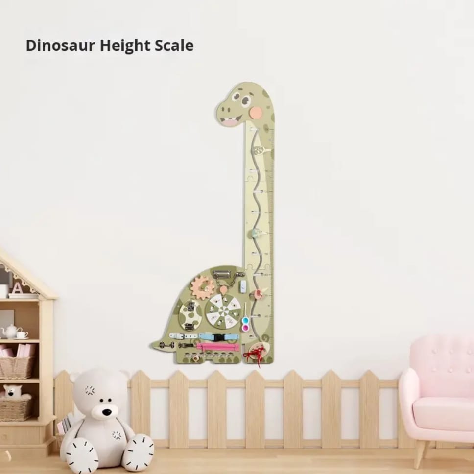 Tableau de croissance de la taille des dinosaures avec activités sensorielles murales Montessori – Panneau d'apprentissage des compétences de vie