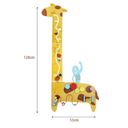 Wooden Giraffe Sensory Height Chart – Montessori Wall Panel with Activity Board for Kids