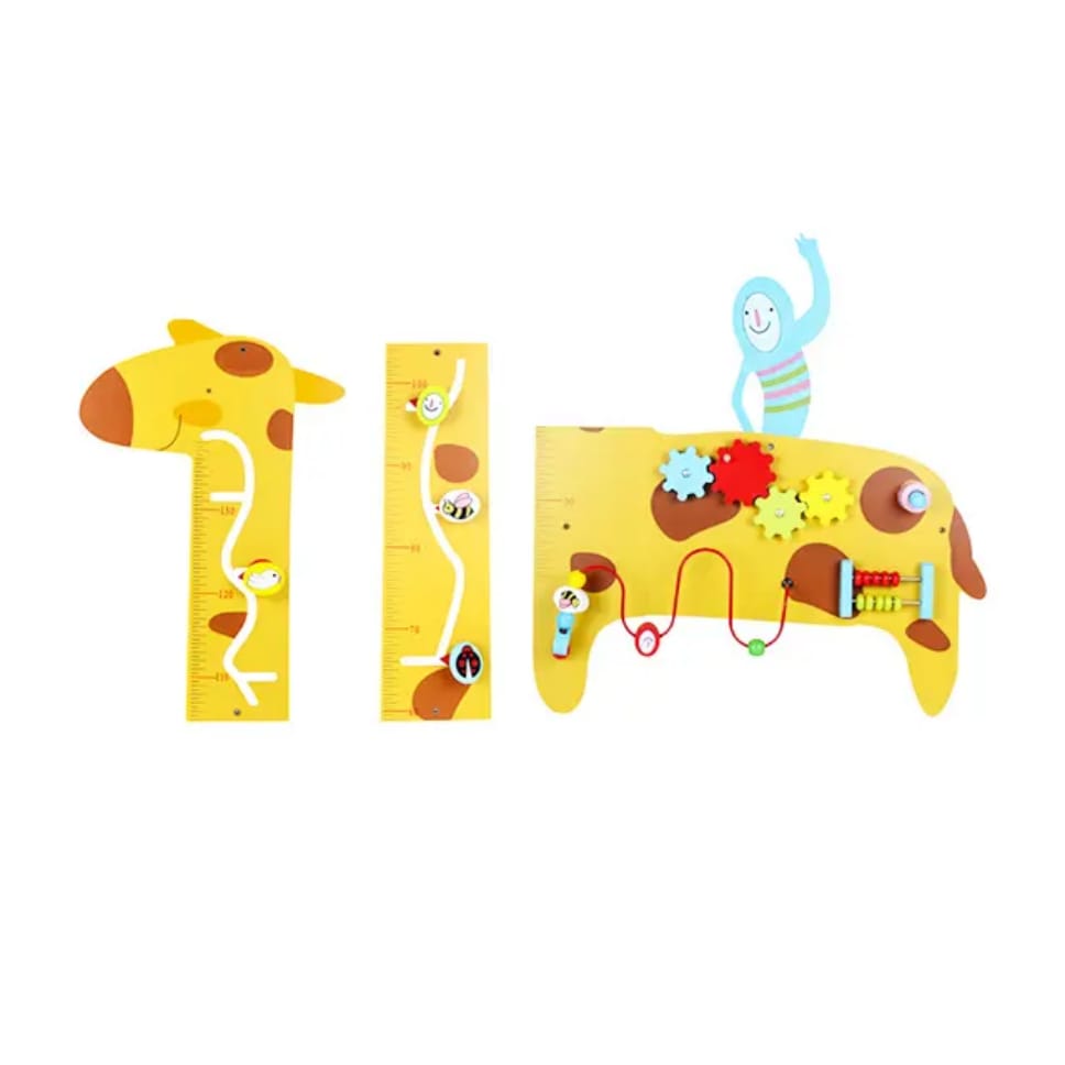Wooden Giraffe Sensory Height Chart – Montessori Wall Panel with Activity Board for Kids