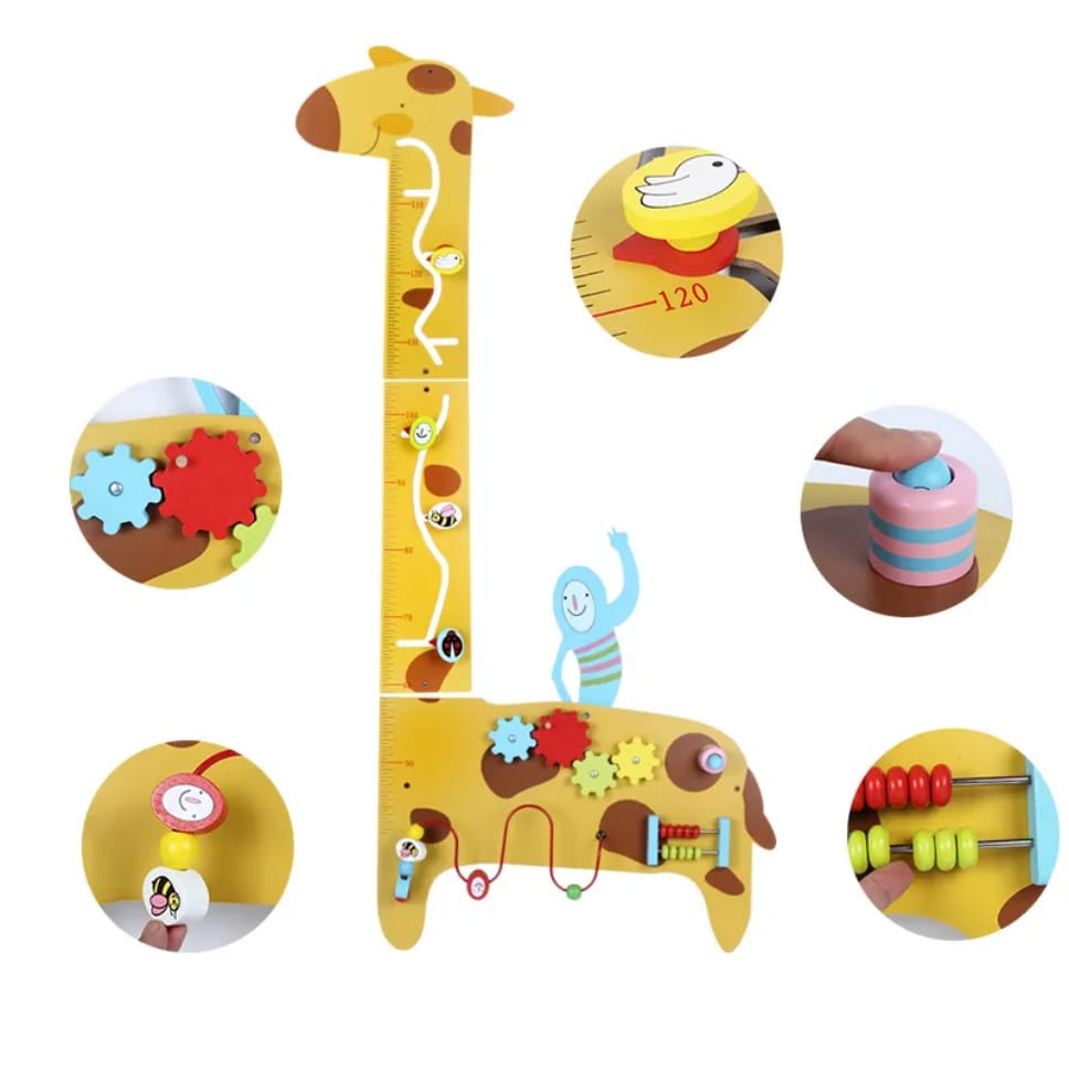 Wooden Giraffe Sensory Height Chart – Montessori Wall Panel with Activity Board for Kids