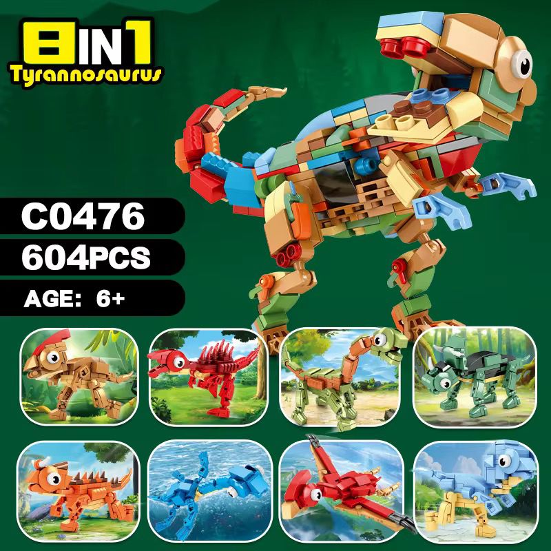 8-in-1 Dinosaur Building Block Set | 604 PCS | LEGO-Compatible Dino Creator Kit