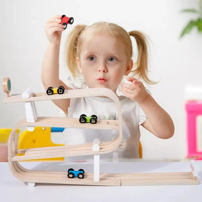Fidtoy Wooden Car Ramp for Toddlers – Montessori Indoor Racing Toy for Creative Play