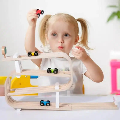 Fidtoy Wooden Car Ramp for Toddlers – Montessori Indoor Racing Toy for Creative Play