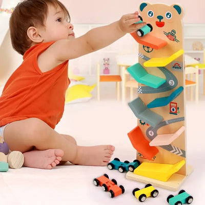 Fidtoy Wooden Car Ramp for Toddlers – Montessori Indoor Racing Toy for Creative Play