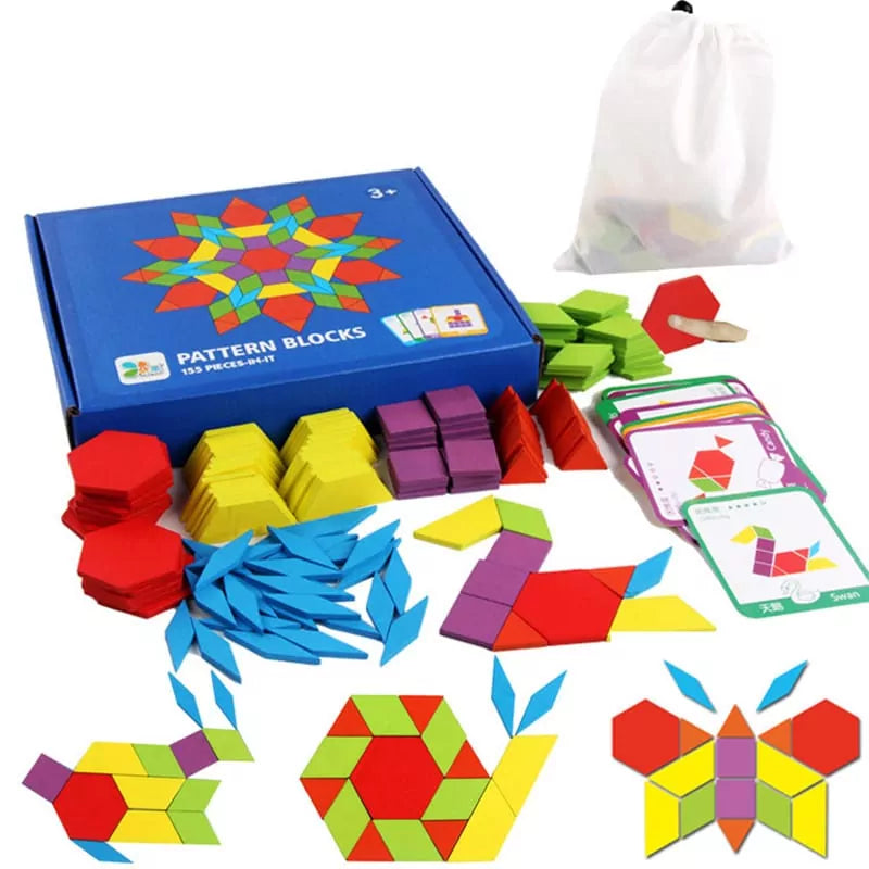 Wooden Colorful Pattern Blocks - 155 pieces