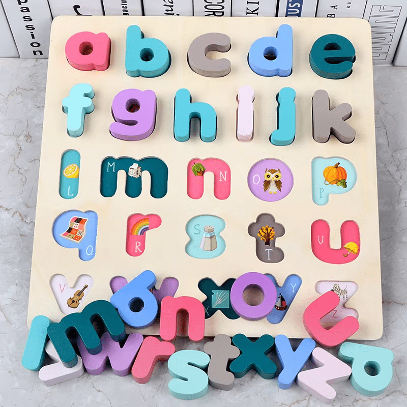 Wooden Alphabet Puzzle Board - Lowercase Letters with Phonics Picture Clues