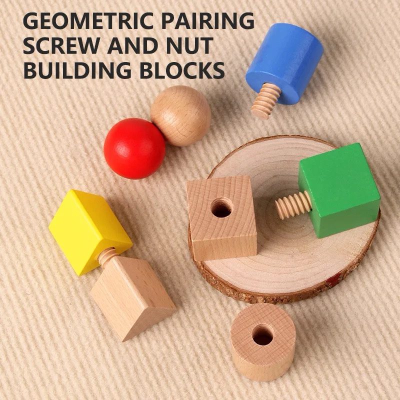 Wooden Geometric Screw and Nut Set – Shape Pairing and Fine Motor Toy for Toddlers