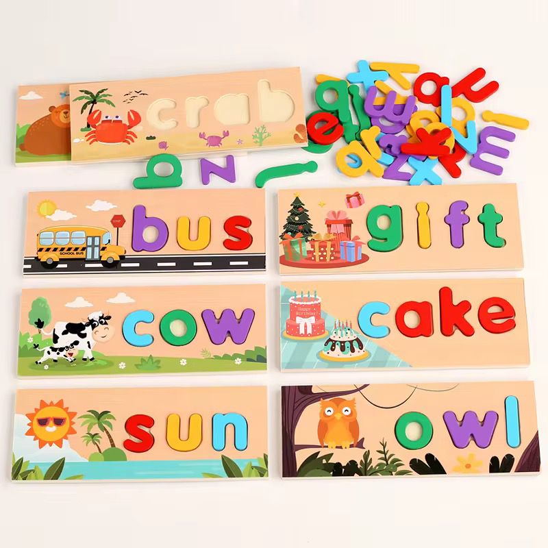 Wooden Spelling Puzzle with Lowercase Letters - Phonics and Word Matching Game for Preschoolers
