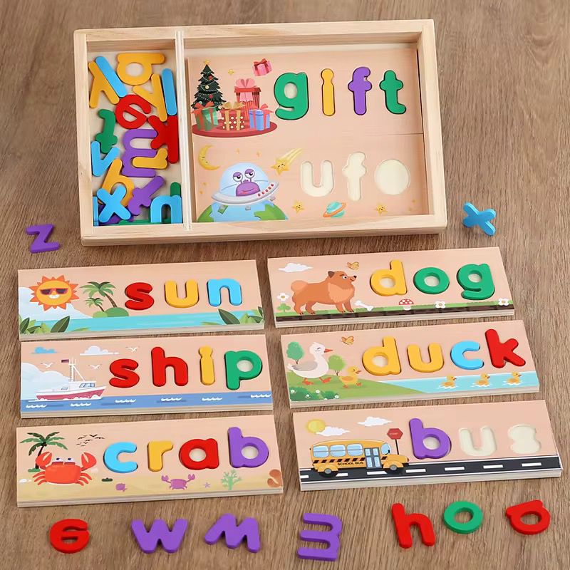 Wooden Spelling Puzzle with Lowercase Letters - Phonics and Word Matching Game for Preschoolers