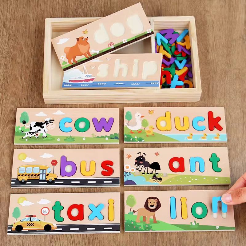 Wooden Spelling Puzzle with Lowercase Letters - Phonics and Word Matching Game for Preschoolers