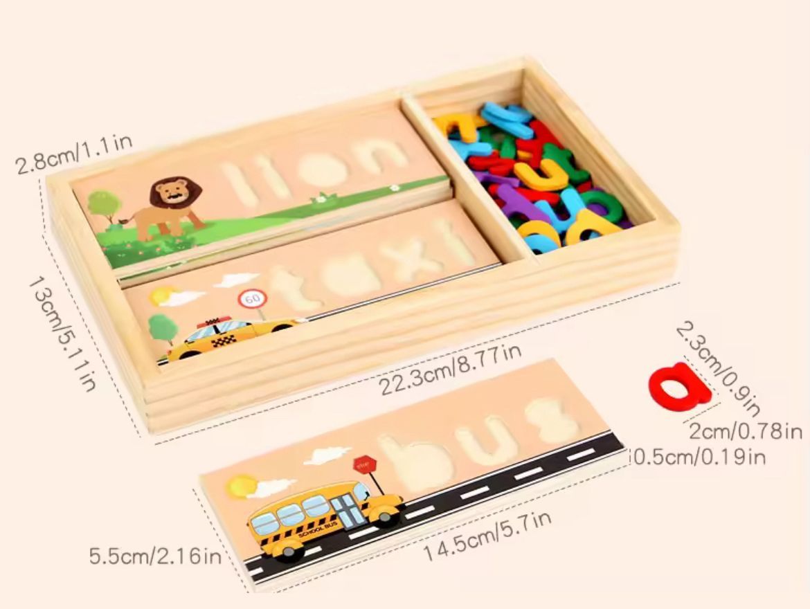 Wooden Spelling Puzzle with Lowercase Letters - Phonics and Word Matching Game for Preschoolers