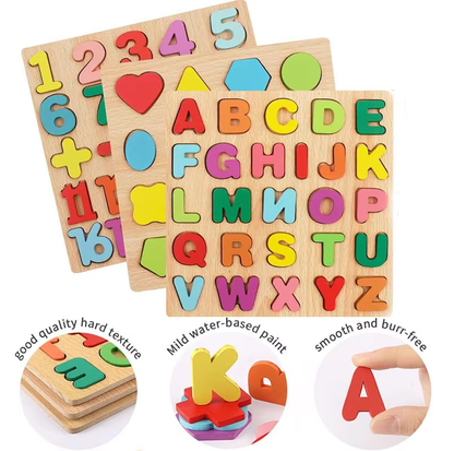 Wooden 3D Alphabet, Numbers & Shapes Learning Puzzle - no knob - Board