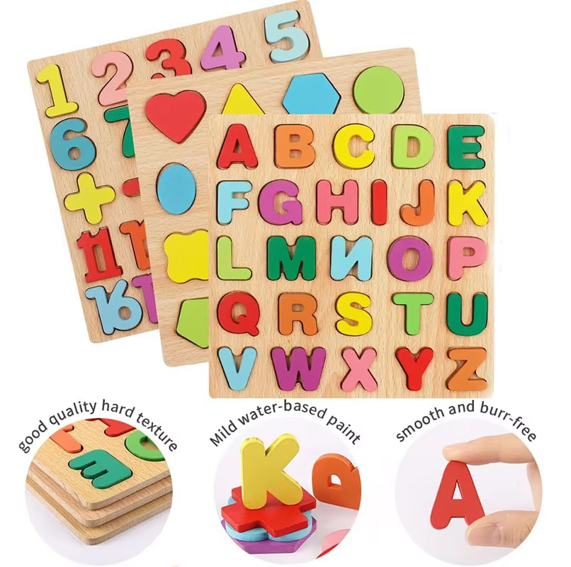 Wooden 3D Alphabet, Numbers & Shapes Learning Puzzle - no knob - Board