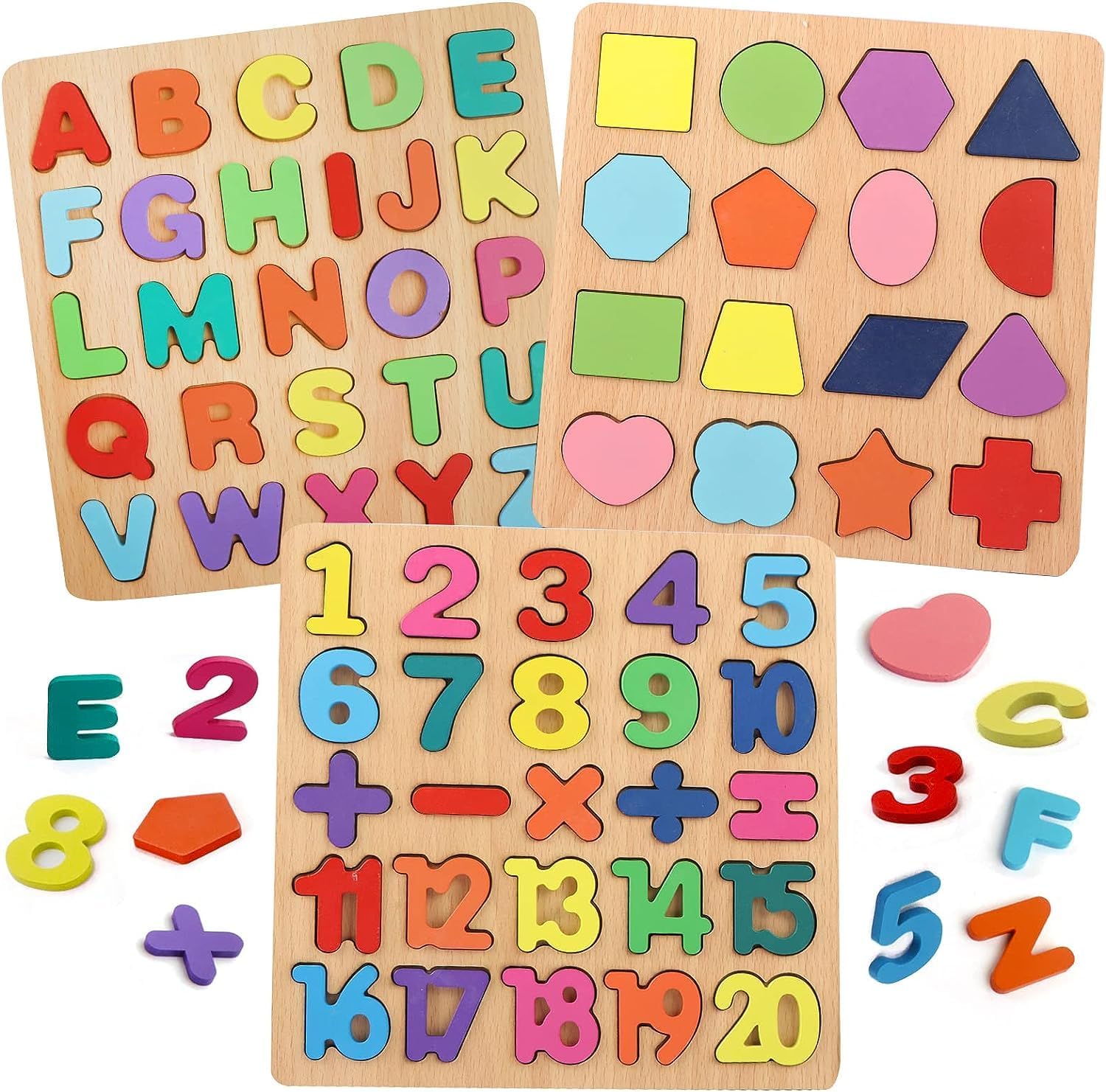 Wooden 3D Alphabet, Numbers & Shapes Learning Puzzle - no knob - Board