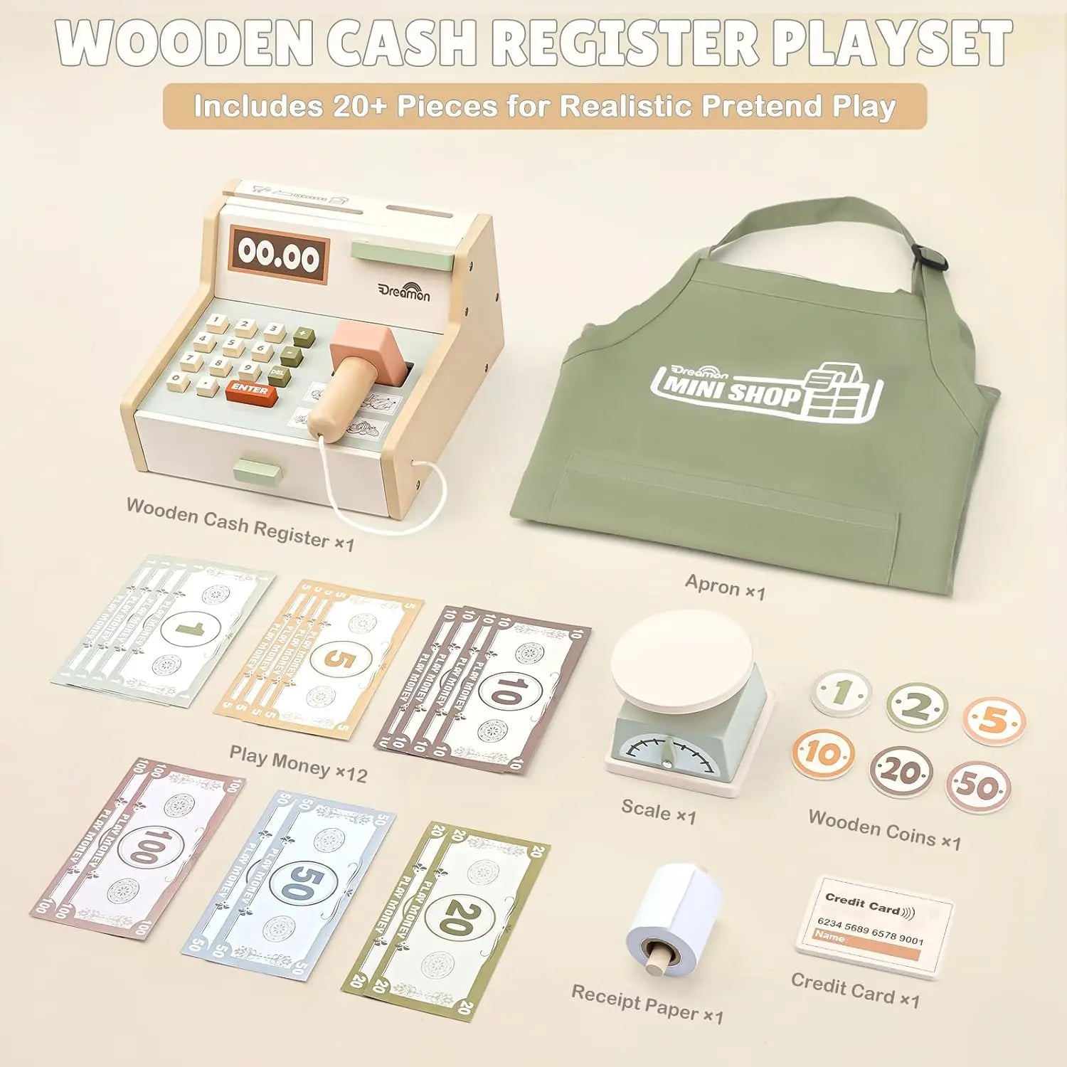 Wooden Cash Register Set for Toddlers - Educational Play Toy