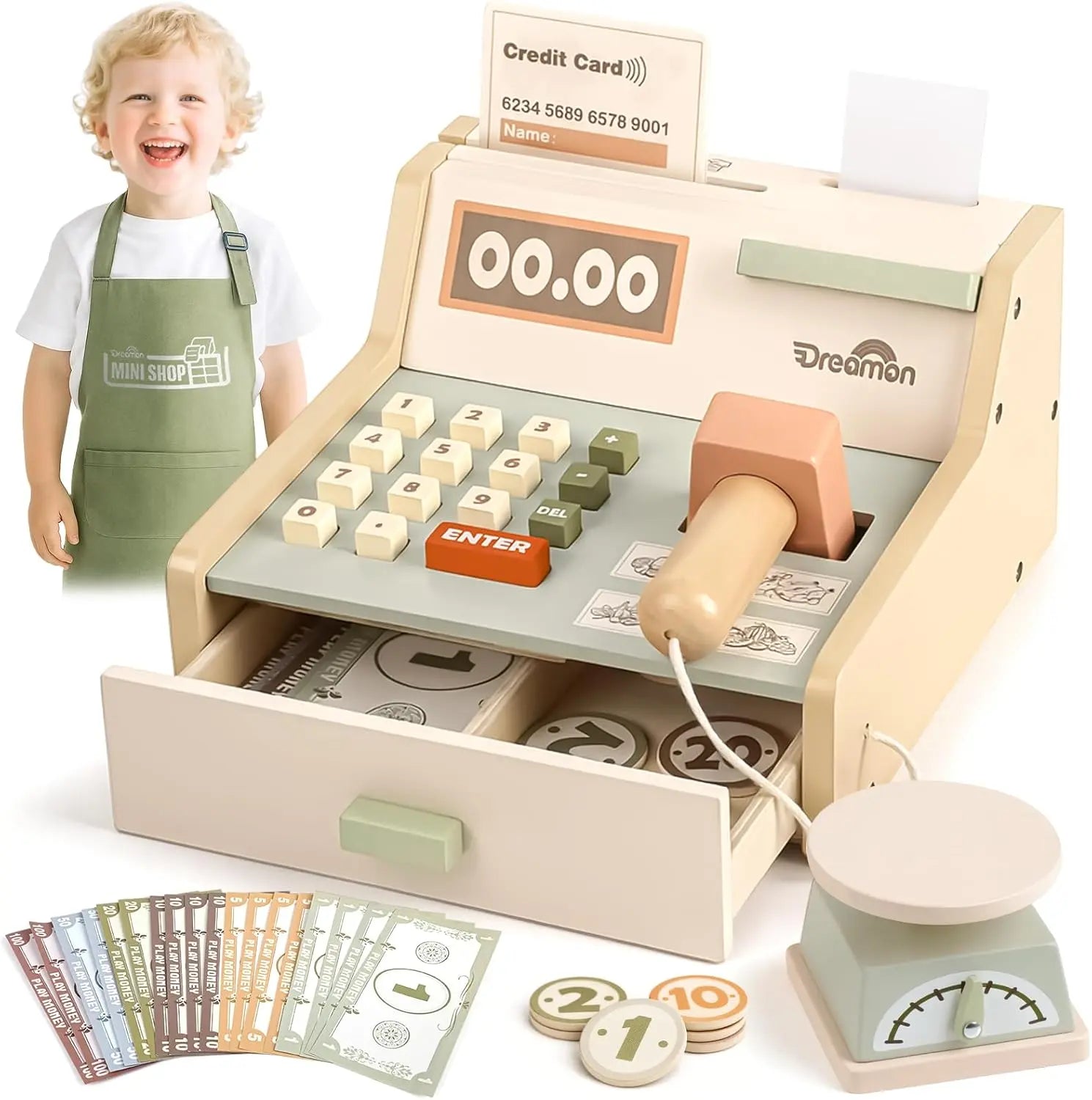 Wooden Cash Register Set for Toddlers - Educational Play Toy