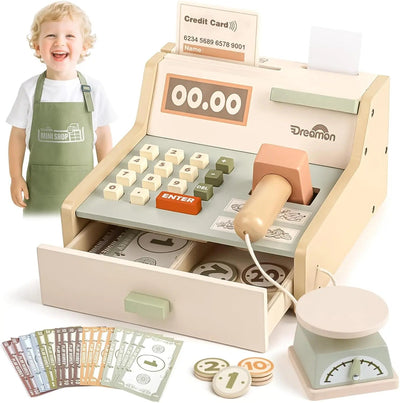 Wooden Cash Register Set for Toddlers - Educational Play Toy
