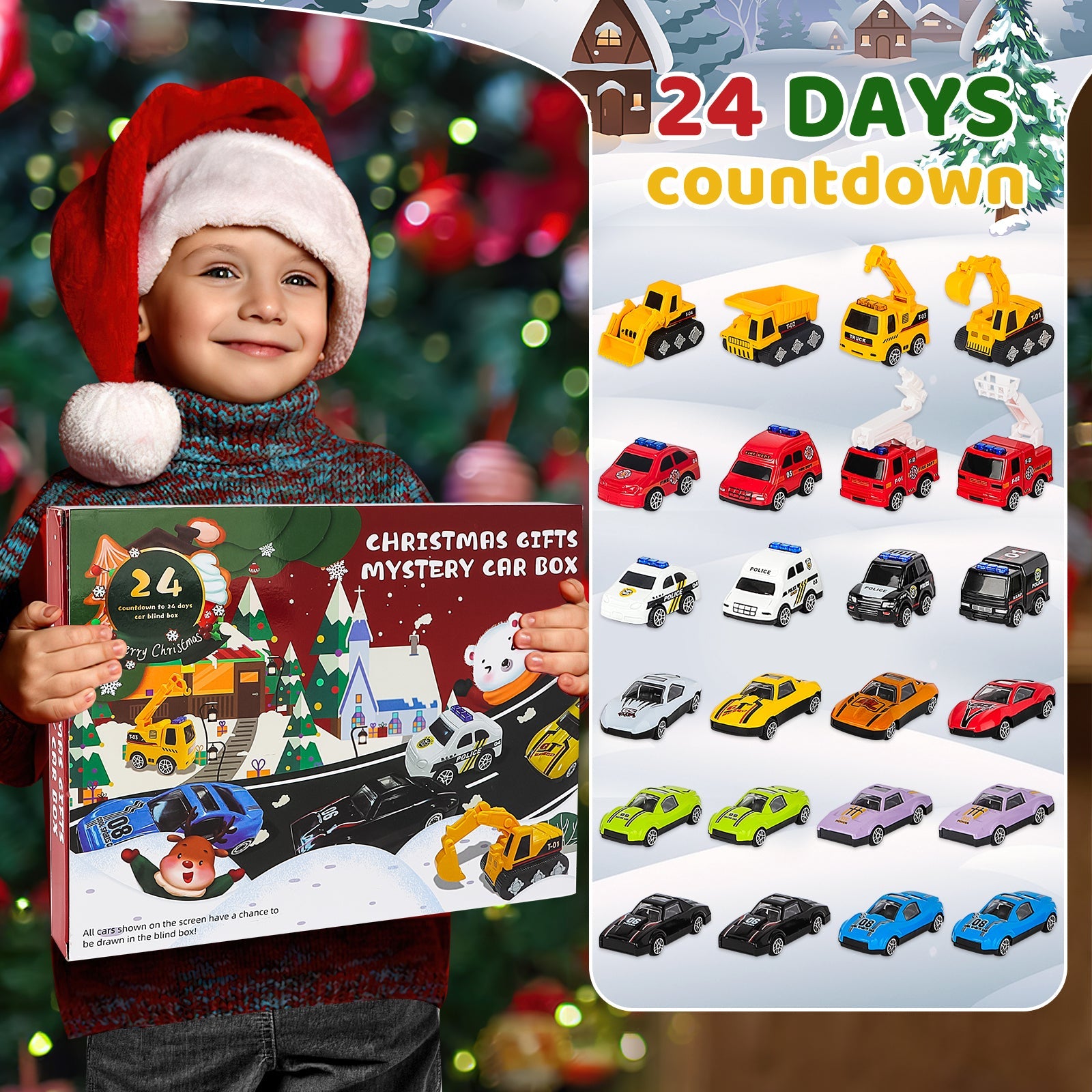 24 PCS Toys Cars Play Kids Vehicles Christmas Countdown 24 Days Christmas Gifts for Kids 3 4 5 6 7 Year Old