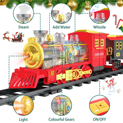 Juego de tren eléctrico de Navidad con vagón deformable, 4 coches de aleación aleatorios, sonido, humo y luz fría, tren para árbol de Navidad, regalo para niños