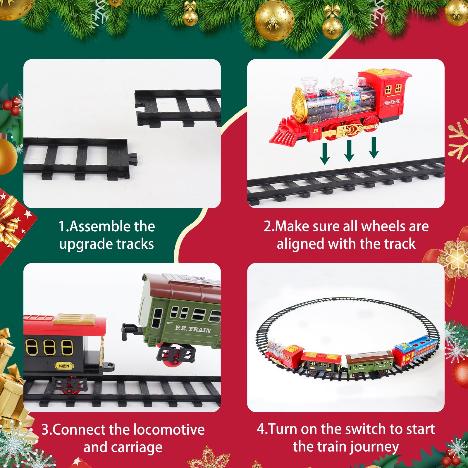 Electric Christmas Train Set with Deformable Carriage 4 Random Alloy Cars Sound Smoke and Cool Light Christmas Tree Train Gift for Kids