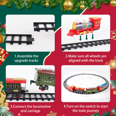 Juego de tren eléctrico de Navidad con vagón deformable, 4 coches de aleación aleatorios, sonido, humo y luz fría, tren para árbol de Navidad, regalo para niños