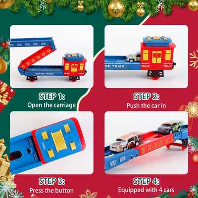 Juego de tren eléctrico de Navidad con vagón deformable, 4 coches de aleación aleatorios, sonido, humo y luz fría, tren para árbol de Navidad, regalo para niños