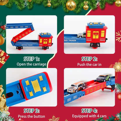 Electric Christmas Train Set with Deformable Carriage 4 Random Alloy Cars Sound Smoke and Cool Light Christmas Tree Train Gift for Kids