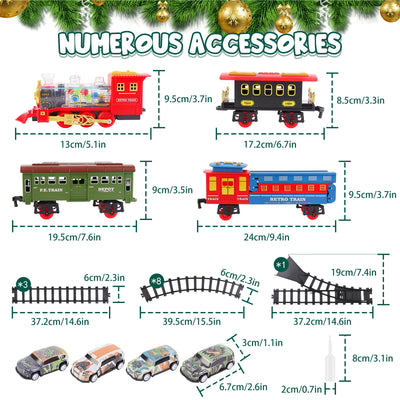 Juego de tren eléctrico de Navidad con vagón deformable, 4 coches de aleación aleatorios, sonido, humo y luz fría, tren para árbol de Navidad, regalo para niños