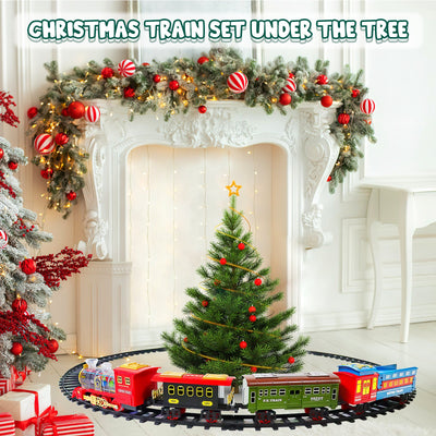 Juego de tren eléctrico de Navidad con vagón deformable, 4 coches de aleación aleatorios, sonido, humo y luz fría, tren para árbol de Navidad, regalo para niños