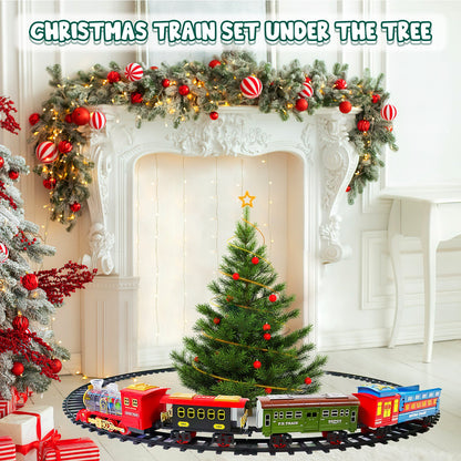 Electric Christmas Train Set with Deformable Carriage 4 Random Alloy Cars Sound Smoke and Cool Light Christmas Tree Train Gift for Kids
