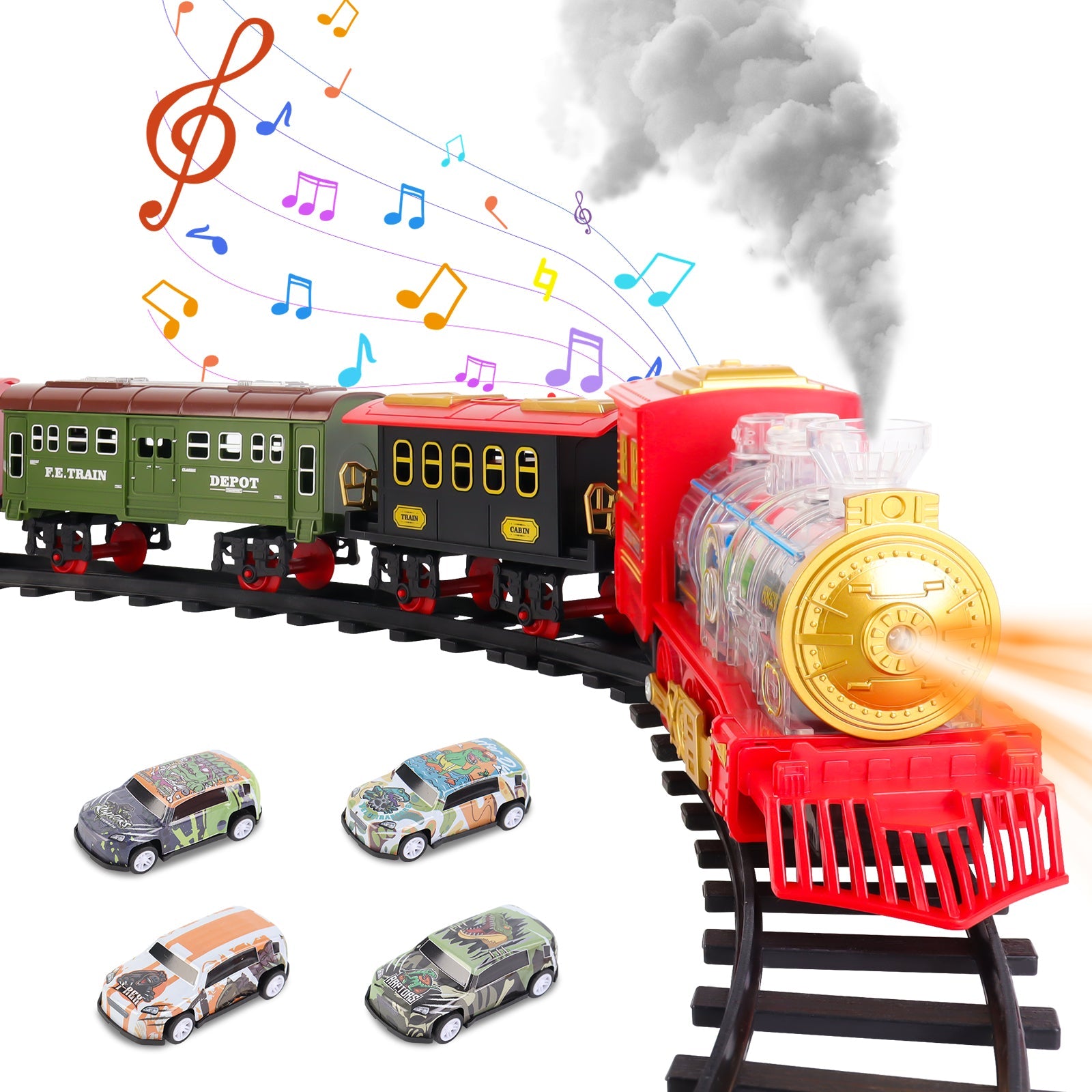 Electric Christmas Train Set with Deformable Carriage 4 Random Alloy Cars Sound Smoke and Cool Light Christmas Tree Train Gift for Kids