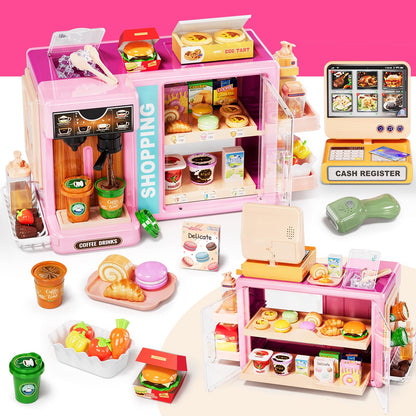 Supermarket Playset Deluxe Grocery Store with Cash Register & Coffee Maker  Educational Role Play Toy for Toddlers & Kids (Green or Pink)