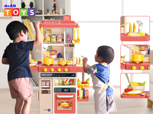 Pink Kitchen Playset Toy with Realistic Lights & Sounds Simulation of Spray Features Pretend Role Play Toys with Lots of Kitchen Accessories