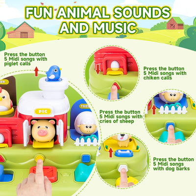 Farm Animal Pop-Up Activity Toy with Music and Sounds Interactive Baby Toddler Sensory Learning Playset Push Press Flip Turn Buttons Educational Gift for Ages 12M+