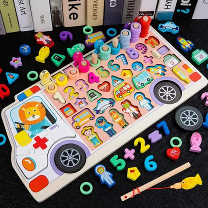 Ambulance 6 in 1 puzzle Wooden Log Board Children's Early Education Magnetic Fishing Digital Puzzle Building Block Matching Board Toys