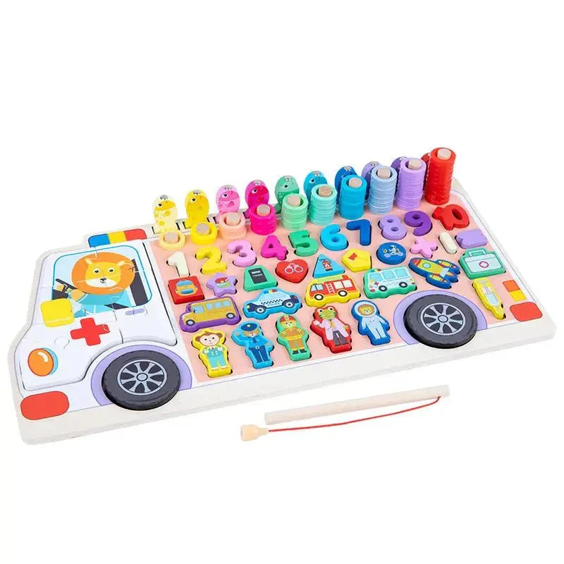 Ambulance 6 in 1 puzzle Wooden Log Board Children's Early Education Magnetic Fishing Digital Puzzle Building Block Matching Board Toys