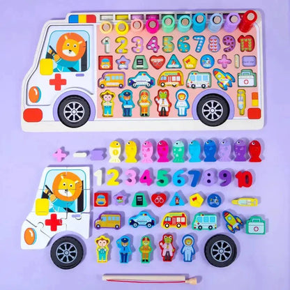 Ambulance 6 in 1 puzzle Wooden Log Board Children's Early Education Magnetic Fishing Digital Puzzle Building Block Matching Board Toys