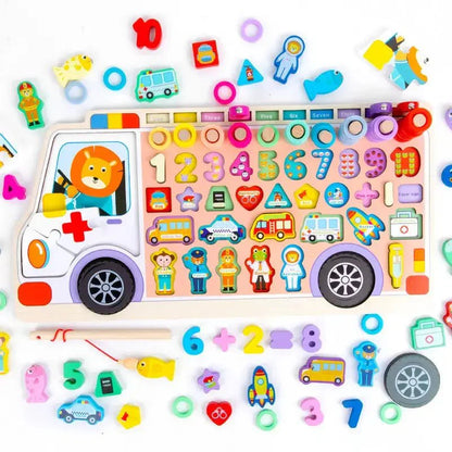 Ambulance 6 in 1 puzzle Wooden Log Board Children's Early Education Magnetic Fishing Digital Puzzle Building Block Matching Board Toys