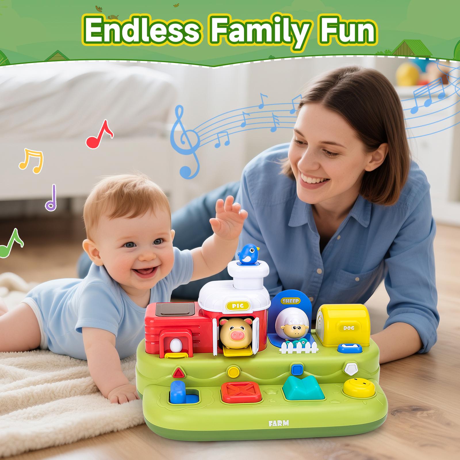 Farm Animal Pop-Up Activity Toy with Music and Sounds Interactive Baby Toddler Sensory Learning Playset Push Press Flip Turn Buttons Educational Gift for Ages 12M+