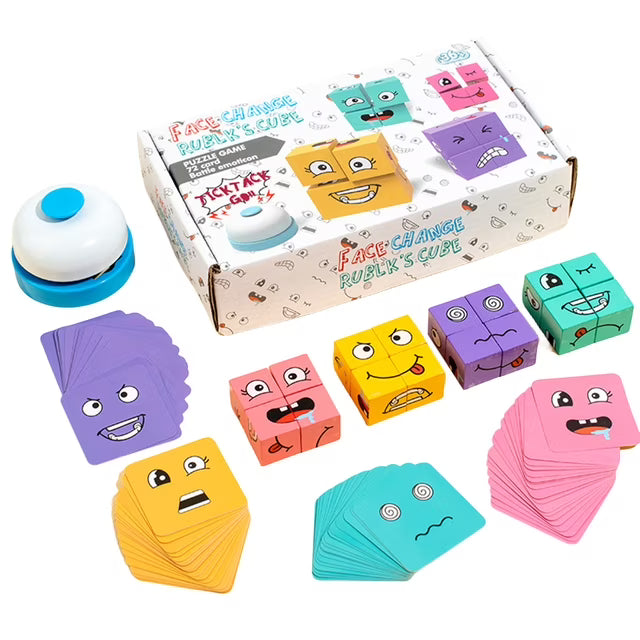 Fidtoy Wooden Face Changing Magic Cube Puzzle with Buzzer for Kids | Expression Matching Game, Montessori Brain Teaser, Pattern Cards & Fine Motor Tabletop Toy Age 3-8