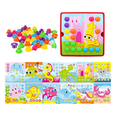 Fidtoy Button Art Matching Toy for Kids – Montessori Peg Board Mosaic Puzzle with Picture Cards