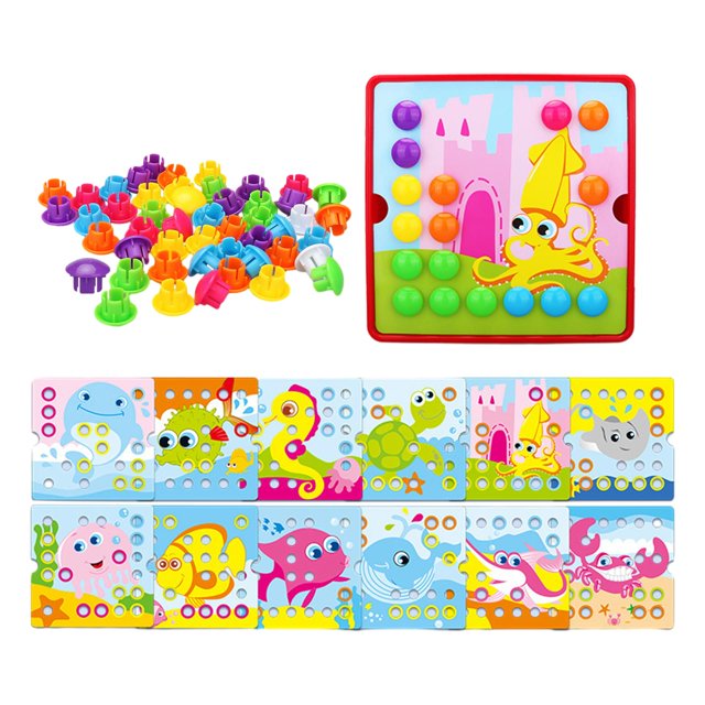 Fidtoy Button Art Matching Toy for Kids – Montessori Peg Board Mosaic Puzzle with Picture Cards